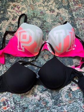 PINK Victoria's Secret Gradient Logo Push-Up Bra in Hot Pink & Light Gray
